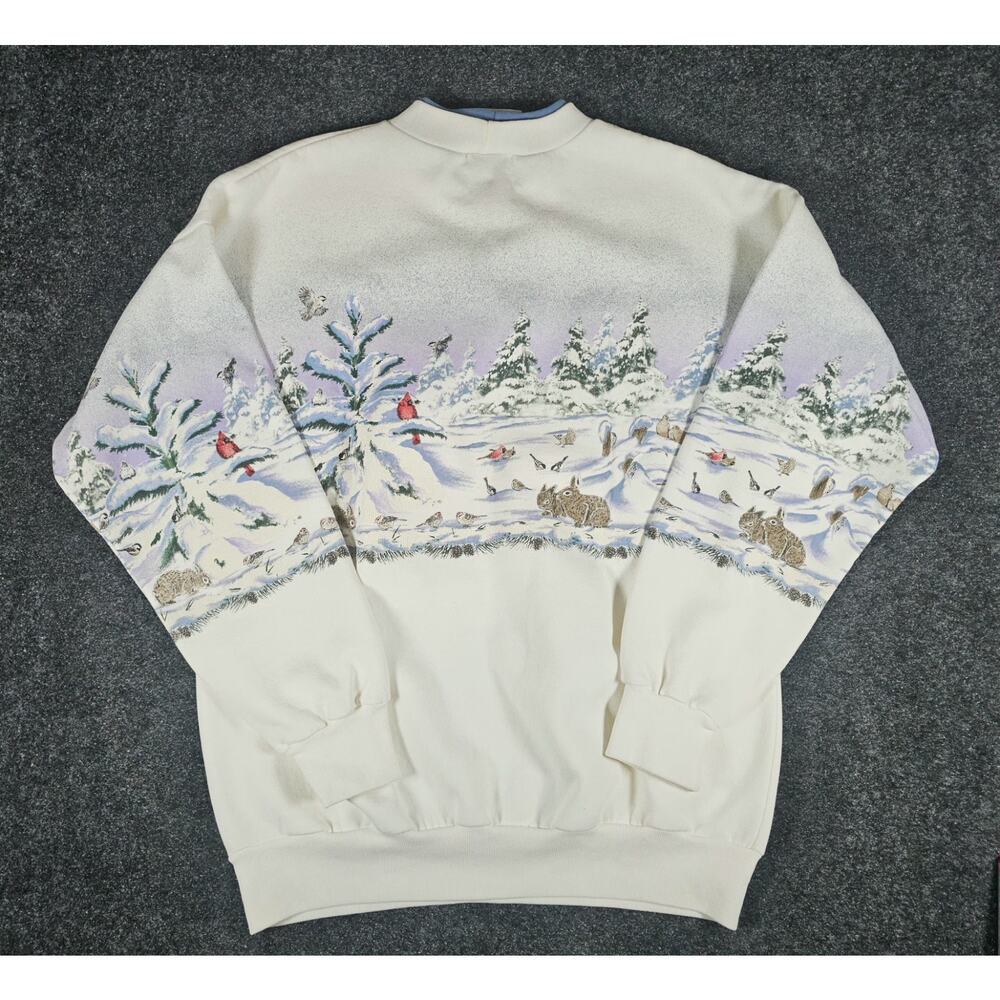 Vintage Artisans Sweatshirt Large XL White Fleece Winter Scene Birds Rabbits - Picture 9 of 10